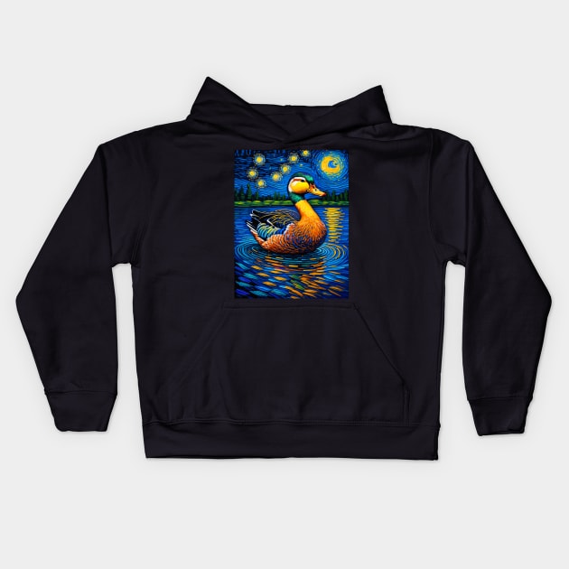 Duck in starry night Kids Hoodie by FUN GOGH